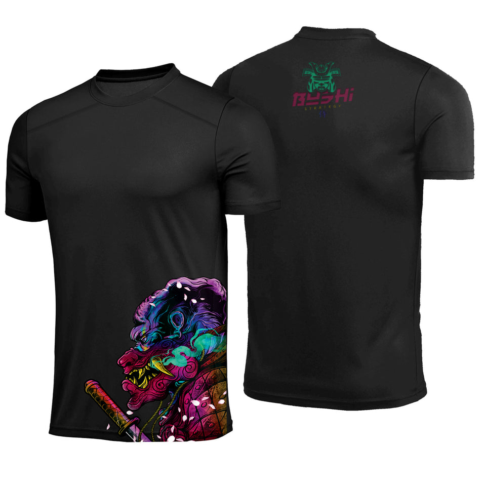 Camiseta BushiStrategy Bushi Dry Fit Guerreiro Colorido Preta Poliamida