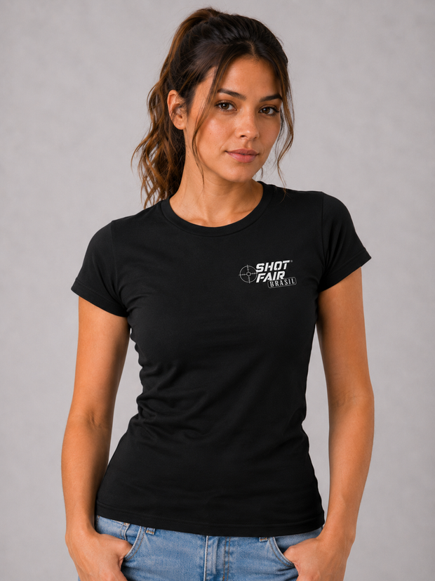 Camiseta ShotFair BabyLook Feminina Emblema Algodão Preta