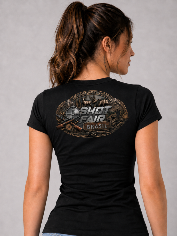 Camiseta ShotFair BabyLook Feminina Emblema Algodão Preta
