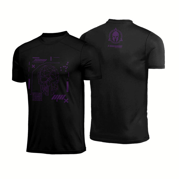 Camiseta Eduardo Tactics Tactics Caveira Tecnológica Preta Logo Roxa Poliamida