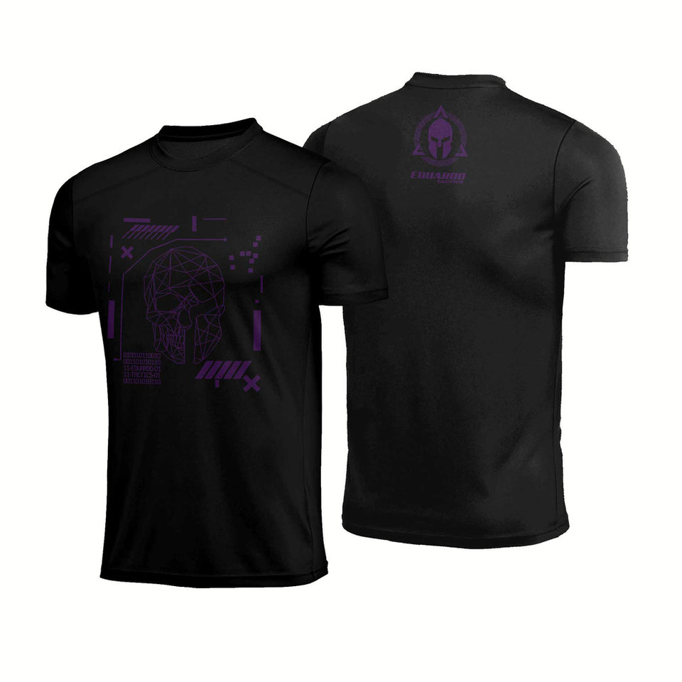 Camiseta Eduardo Tactics Tactics Caveira Tecnológica Preta Logo Roxa Poliamida